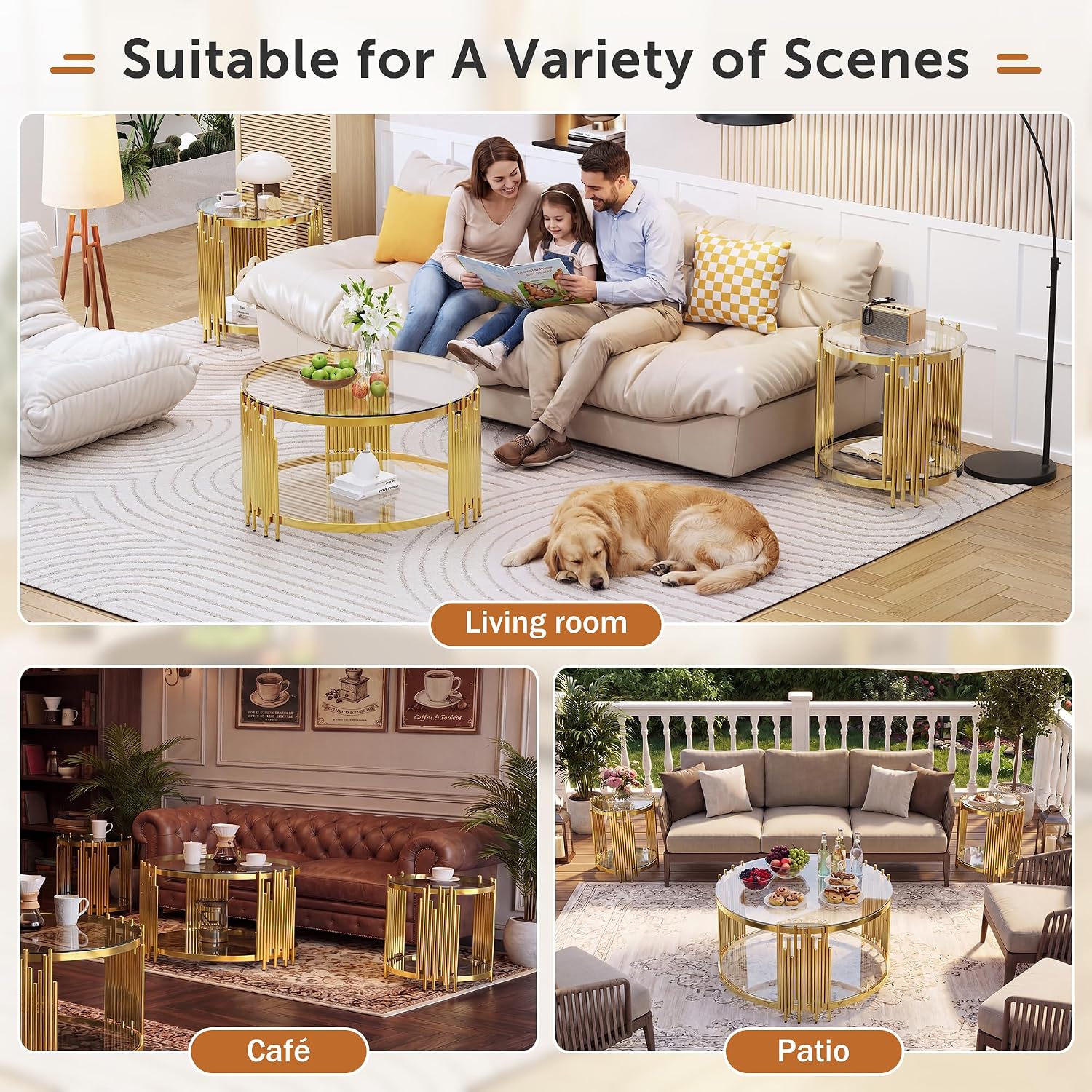Luxury Gold Round Glass End Table Set of 2, 19.7' Modern Side Table with Stainless Steel Irregular Leg Clear Tempered Glass Tabletop, Accent Furniture for Living Room, Clear