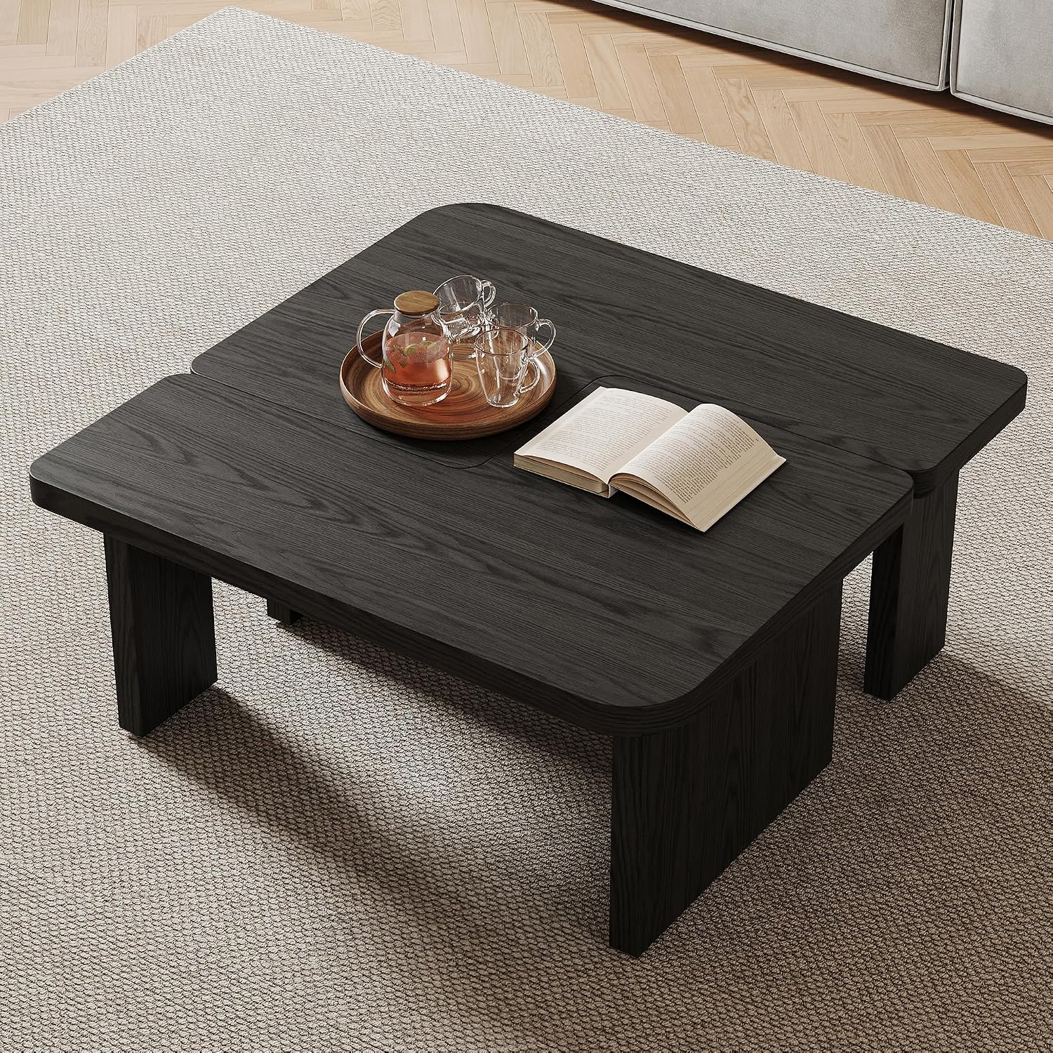 Black Wood Coffee Table, Free Adjustable Modern Living Room Table as Square, Rectangle, Irregular Tea Table, Couch Side Tabl e for Home Office