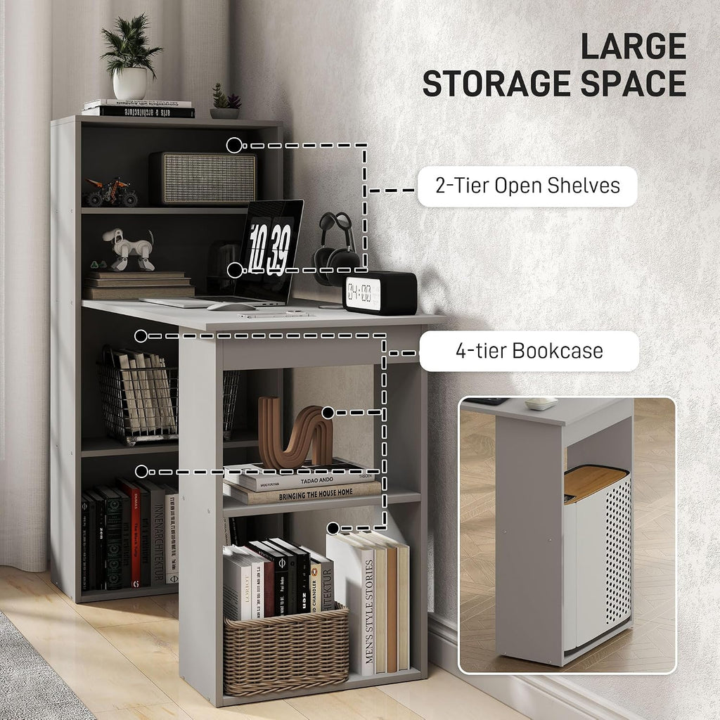 HOMCOM Modern Home Office Desk with 6-Tier Storage Shelves, 47' Writing Desk with Bookshelf, Gray