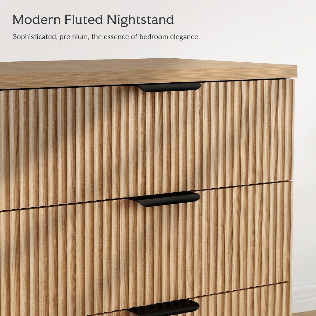 25.6' W Fluted Nightstand with 3 Drawer Dresser, Modern Wood Night Stands Bedside Table for Bedroom King/Queen Bed, End Table with Robot-Friendly Legs for Living Room,Entry (3 Drawers-1pcs-Natural)