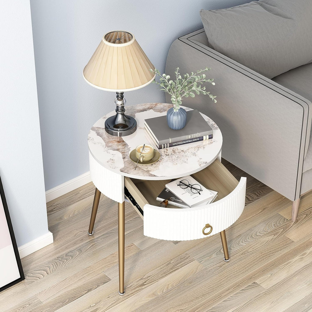 OIOG Round Nightstand with Drawer, Modern Side Table with Marbling Natural Stone Tabletop and Metal Legs, Small End Table with Storage for Living Room and Bedroom, Gold