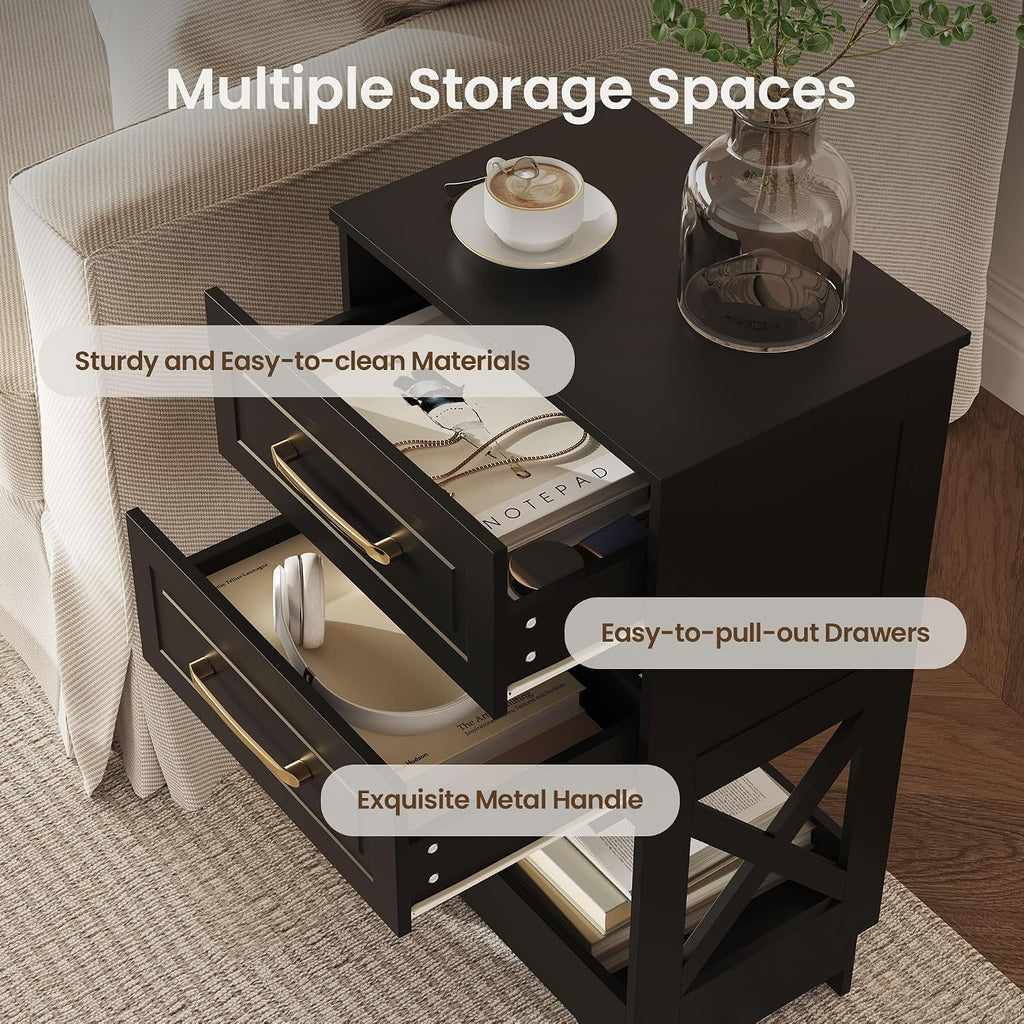 Tall Nightstand Set of 2 Side Table with 2 Drawers Modern Night Stand Wooden End Table Bedside Table with Below Open Shelf Solid Feet for Bedroom Black