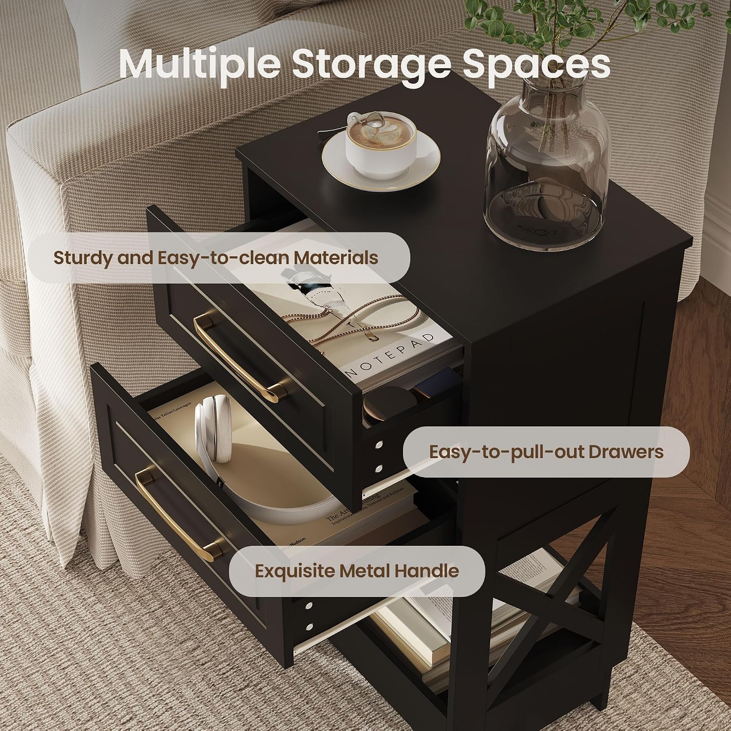 Tall Nightstand Set of 2 Side Table with 2 Drawers Modern Night Stand Wooden End Table Bedside Table with Below Open Shelf Solid Feet for Bedroom Black
