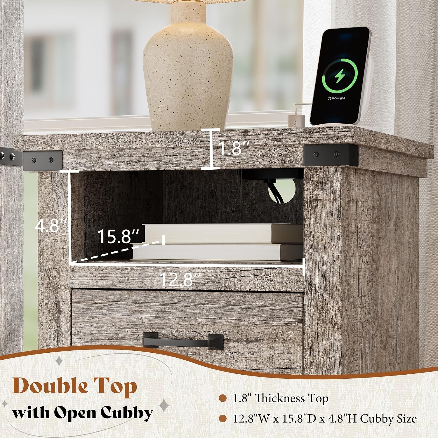 AMERLIFE Farmhouse End Table Set of 2, 18' Wood Night Stand with Charging Station & 2 Storage Drawers, Heavy Duty Bedside Nightstands for Bedroom, Living Room, Light Grey