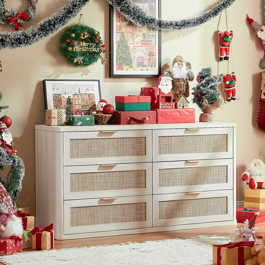 LEYAOYAO Rattan 6 Drawer Dresser for Bedroom Set of 2, Boho 54' Wide White Dresser Chest of Drawers, Dressers TV Stand with Metal Handle, Storage Dressers Closet Organizer for Living Room, Hallway