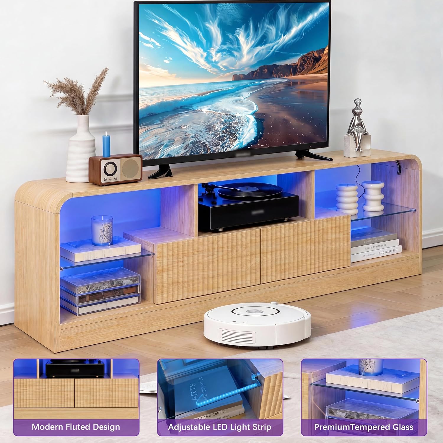 Mid Century Modern TV Stand for 55 60 65 70 75 Inch TVs, Fluted TV Stands for Living Room with LED Lights, 63'' Entertainment Center with 2 Large Drawers & Glass Shelves, Oak