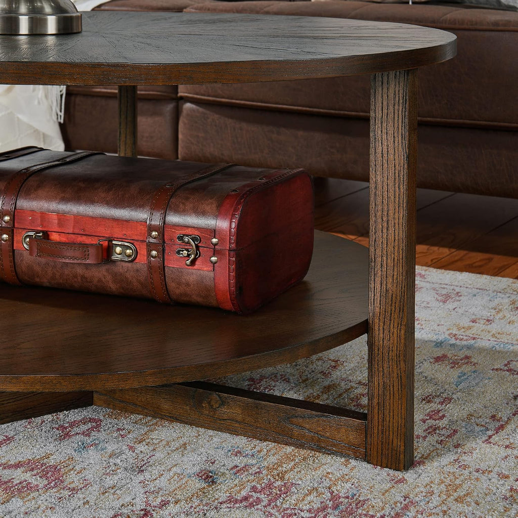 33.5' Round Coffee Table with Storage Shelf, Solid Wood Living Room Table with Umbrella Shaped Top, Farmhouse Center Cocktail Table for Office, Easy Assembly, Vintage Brown KFZ3338NC