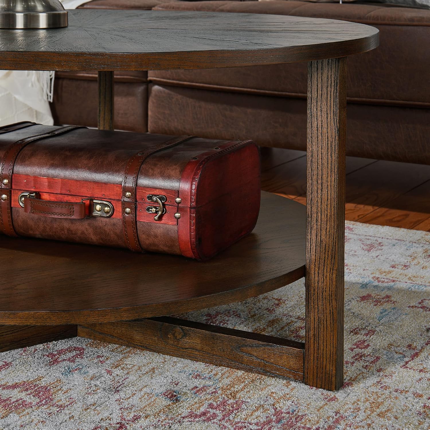 33.5' Round Coffee Table with Storage Shelf, Solid Wood Living Room Table with Umbrella Shaped Top, Farmhouse Center Cocktail Table for Office, Easy Assembly, Vintage Brown KFZ3338NC