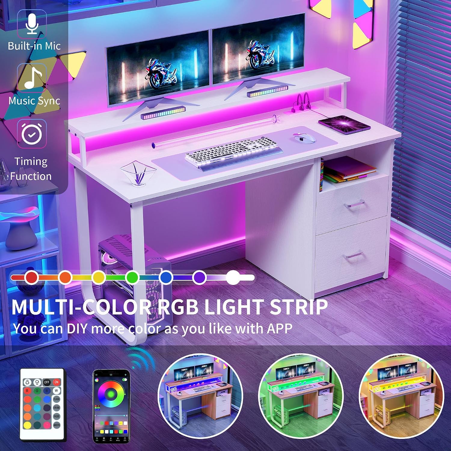 YITAHOME Computer Desk with Drawers, 47.2' Office Desk with Power Outlets & LED Light, Home Office Desk with Storage Shelves, White