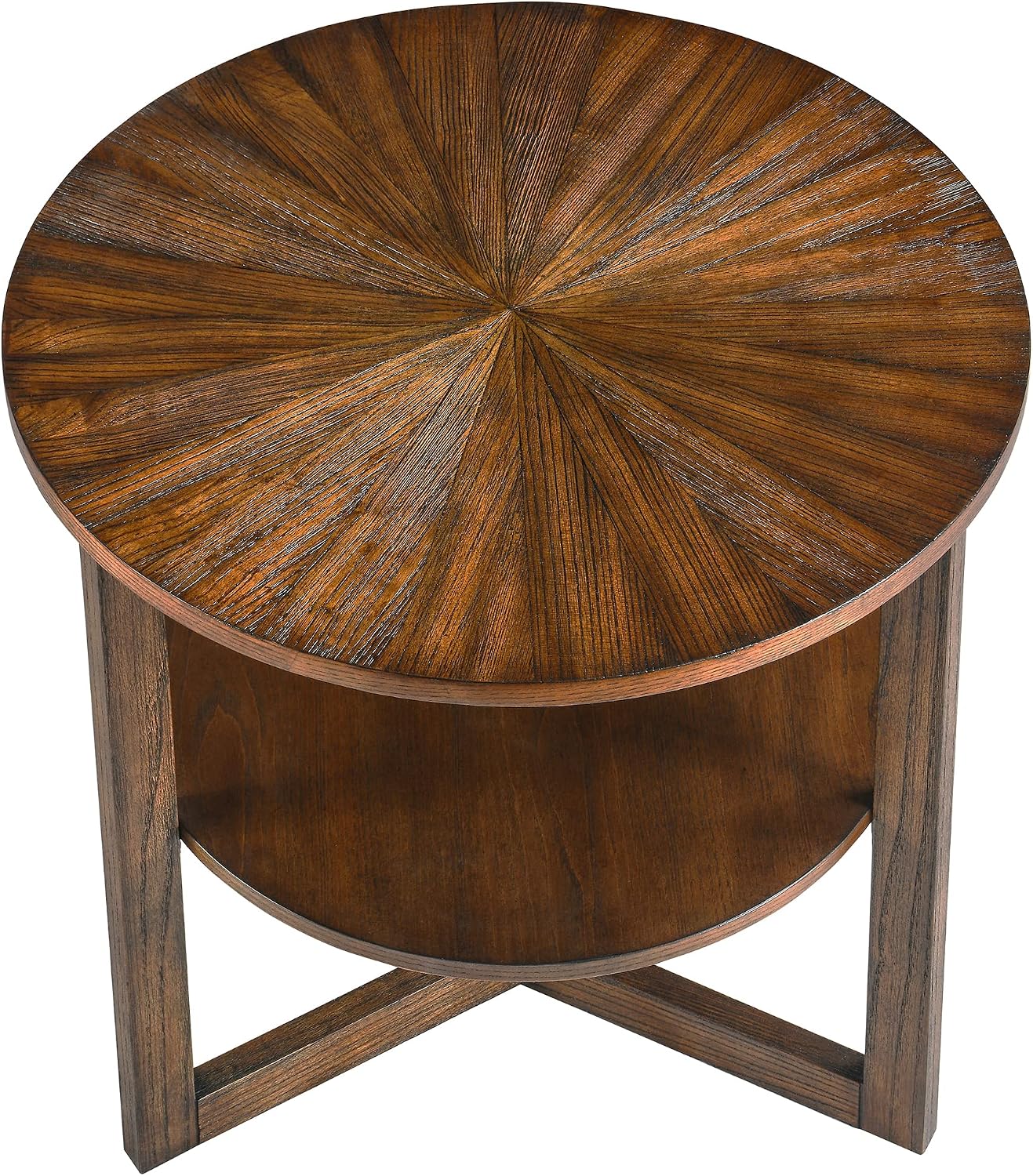 Large Round End Table with Storage Shelf, 25.2' Dia Rustic Beside Tables with Umbrella Top, Traditional Circular Sofa Side Table-,Telephone Table for Living Room Easy Assembly, Vintage Brown CJZ3338NC
