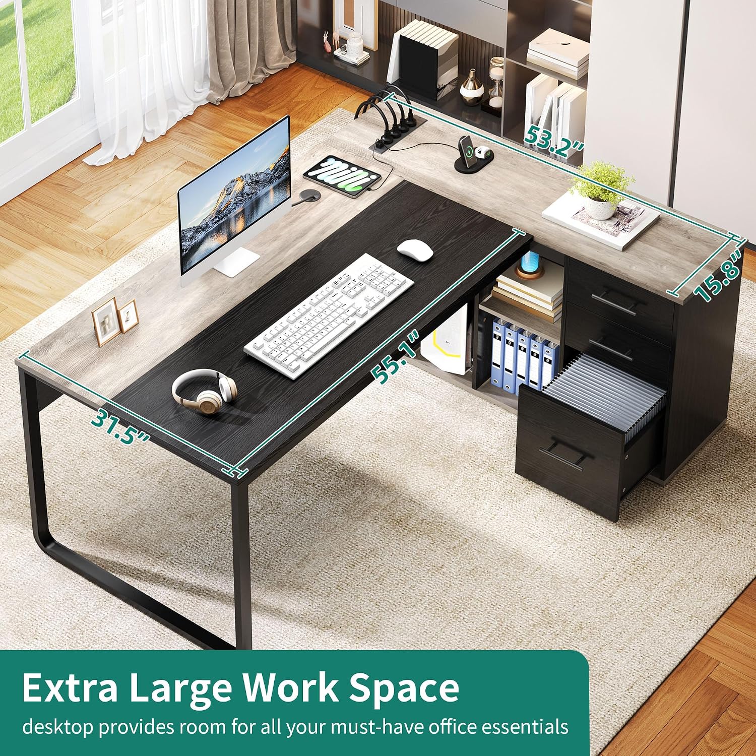 DWVO 71' Executive Desk with Power Outlets, L Shaped Executive Desk with File Cabinet, Computer Desk with Drawers & Storage Shelves, Corner Office Desk with Bookshelf for Home Office, Grey + Black