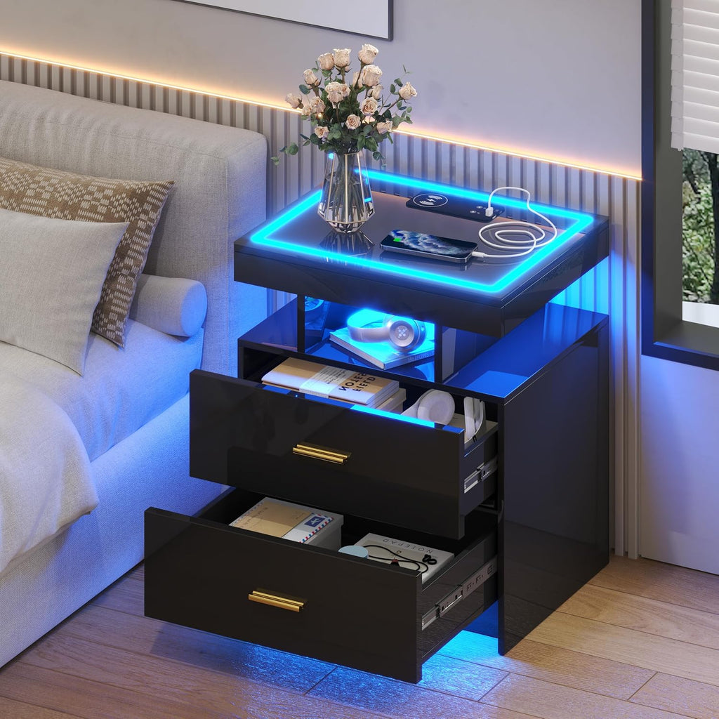 LED Nightstand Set 2 with Wireless Charging Station,Black Night Stand with 2 Drawers,Glass Top Smart Bedside Table,Modern End Table Side for Bedroom,Living Room,Office