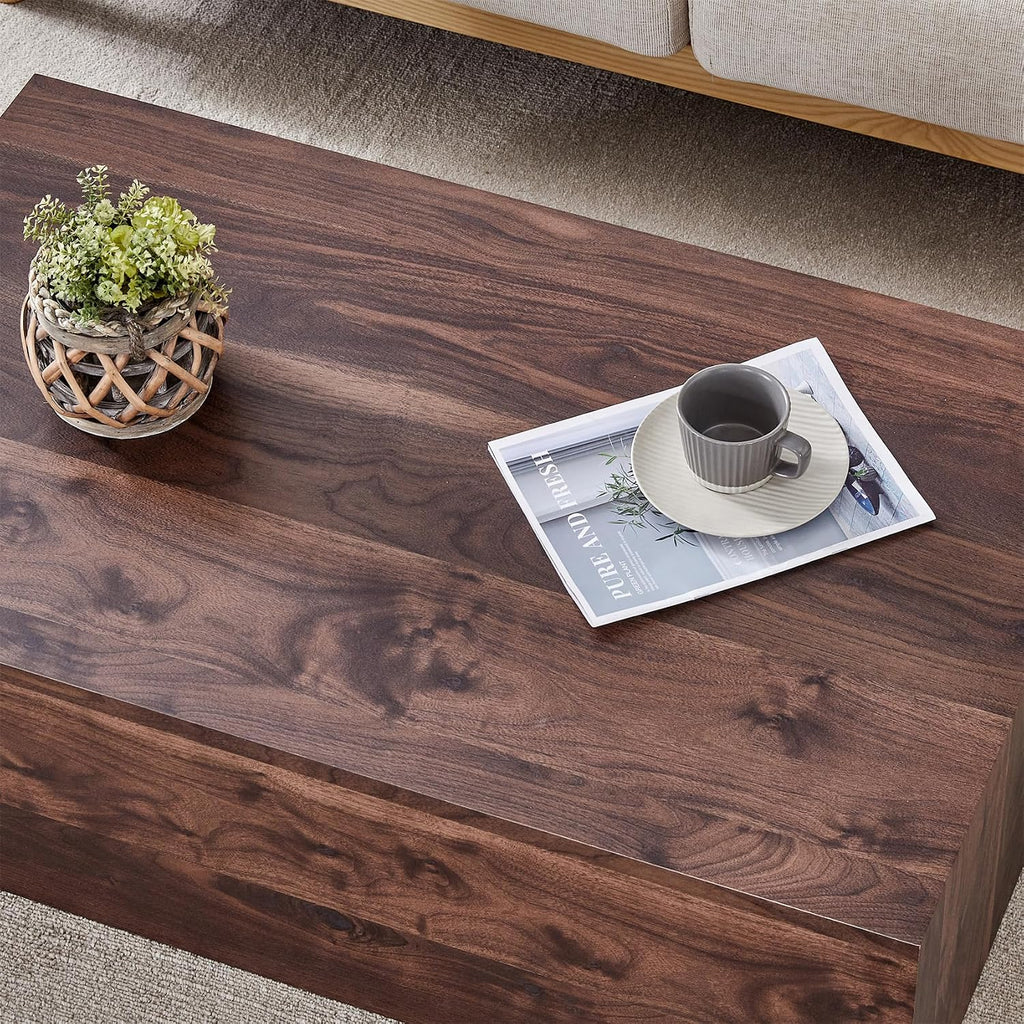 Rustic Walnut Coffee Table for Living Room Rectangular Center Tables Modern Elegant Wooden Cocktail Table for Home Office -Fully Assembled