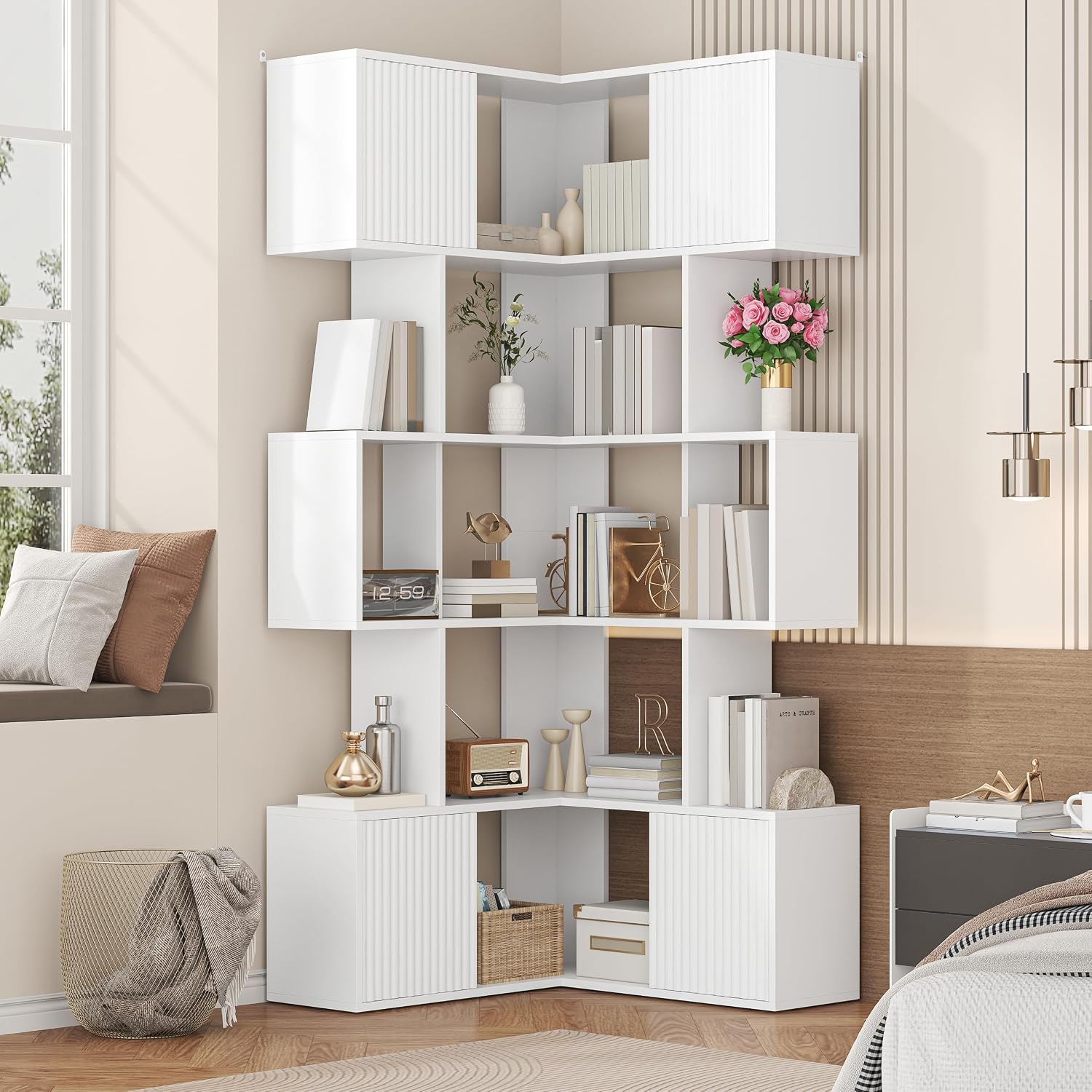 71 inch Corner Bookshelf, 5 Tier Storage Bookcase, L-Shaped Cube Bookshelf, Wood Modern Book Shelf Organizer for Living Room/Home Office/Bedroom Display Unit, White
