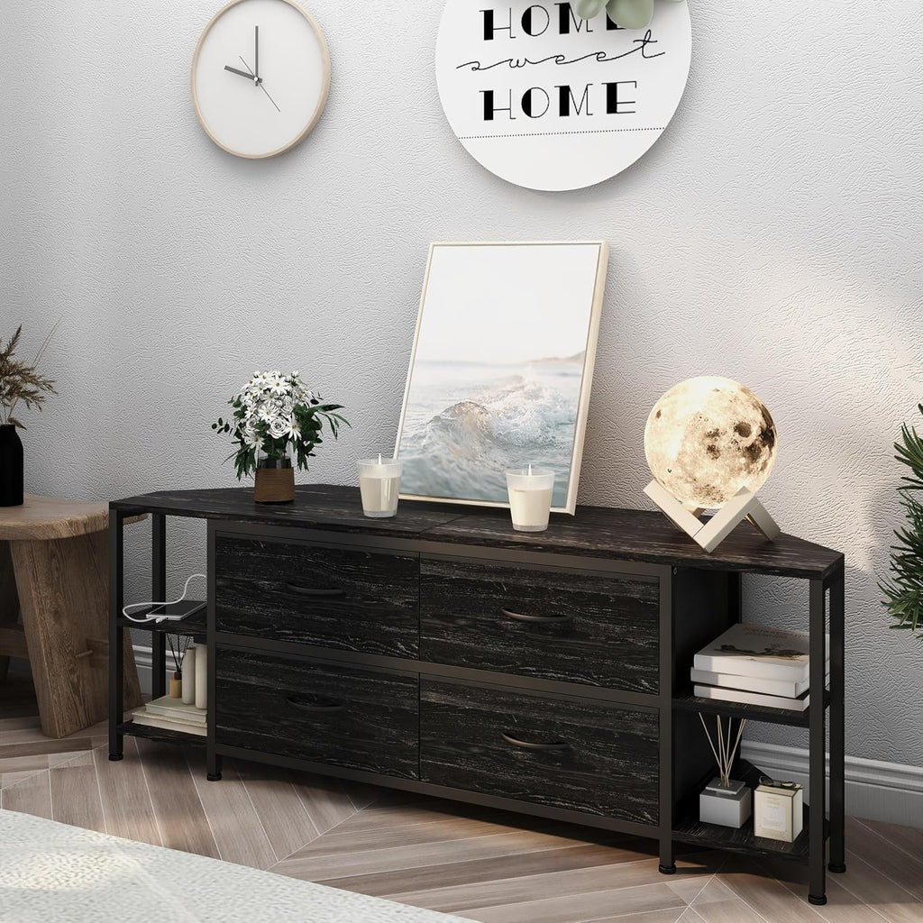 EXOTICA Corner TV Stand for 55 inch TV with Drawer and Charge Station Black Corner Entertainment Center for Living Room Modern Corner Console Table with 4 Open Storage Shelves Metal Frame