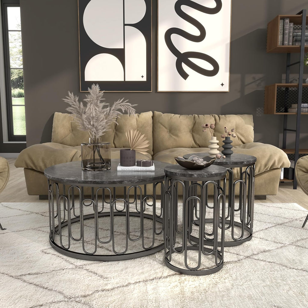 Furniture of America Davis 3-Piece Modern Table Set with Marble Top & Sturdy Metal Legs & Open Shelf for Living Room, Apartment, Small Space, Black