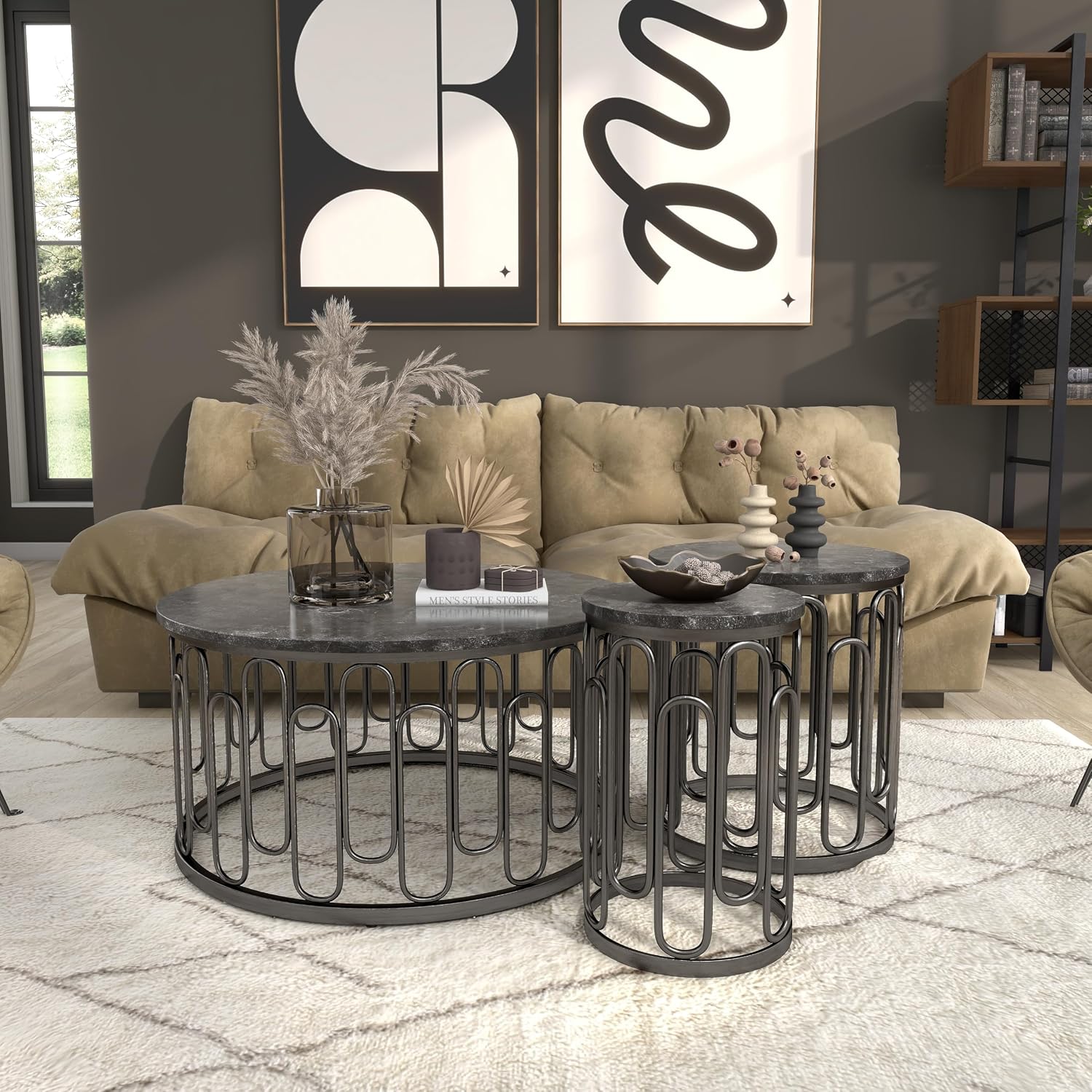 Furniture of America Davis 3-Piece Modern Table Set with Marble Top & Sturdy Metal Legs & Open Shelf for Living Room, Apartment, Small Space, Black