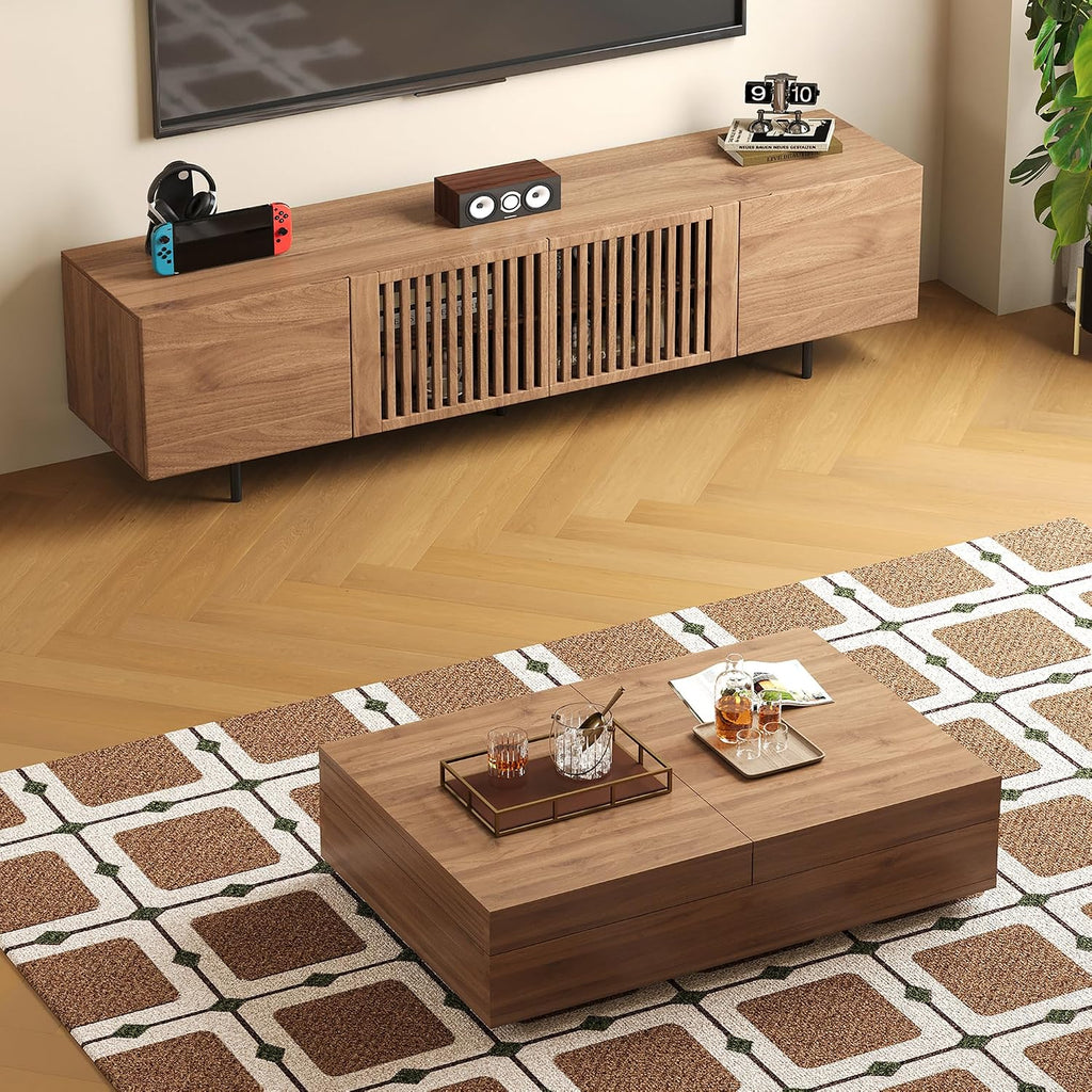Mid-Century Modern Expandable Coffee Table & TV Stand Set, Walnut Finish – Elegant Storage Combo for Living Room, Bedroom, or Lounge (70.87' TV Stand+Coffee Table)