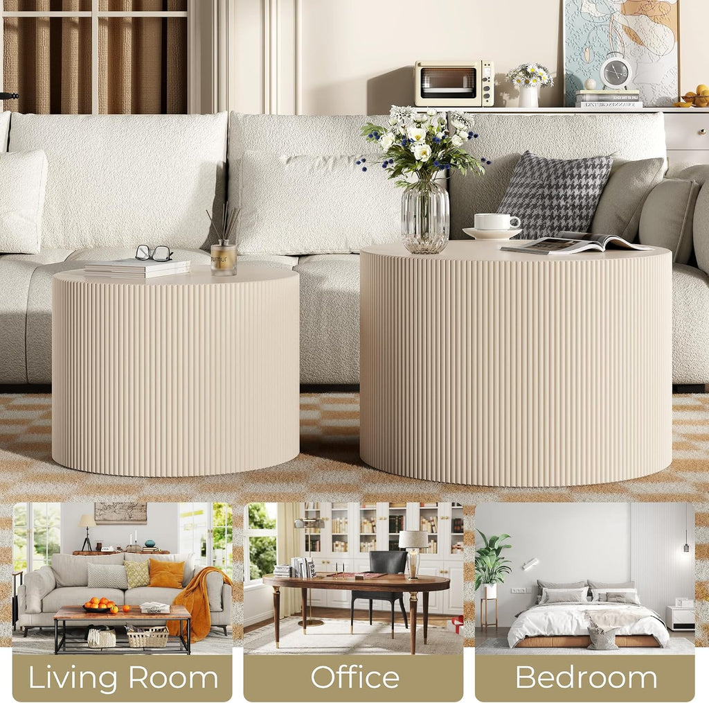 Otterease Round Coffee Table Set of 2, Modern Wooden Beige Nesting Tables for Living Room, No Assembly Required Circle Side Tables Set Accent End Table for Bedroom, Balcony