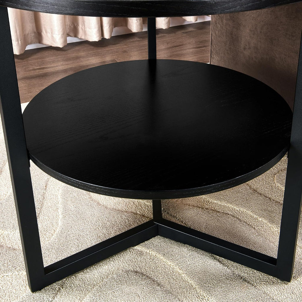 Large Round End Table with Storage Shelf, Rustic Circular Sofa Side Black Metal Legs, Solid Wood Nightstand, Telephone for Living Room, Bedroom, 25.2''D x 24''H Brushed CJZ1338BK