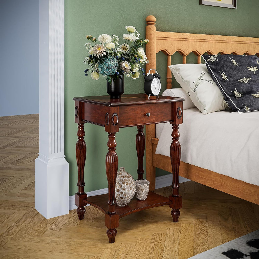 Narrow End Side Table with Drawer and Storage Shelf Set of 2, Sofa Beside Table,No-Tools Assembly Antique Wood Nightstand for Living Room,Small Space, 27.6'H x 19.7'L x 15.7'W Cherry Walnut GBJ1533WD