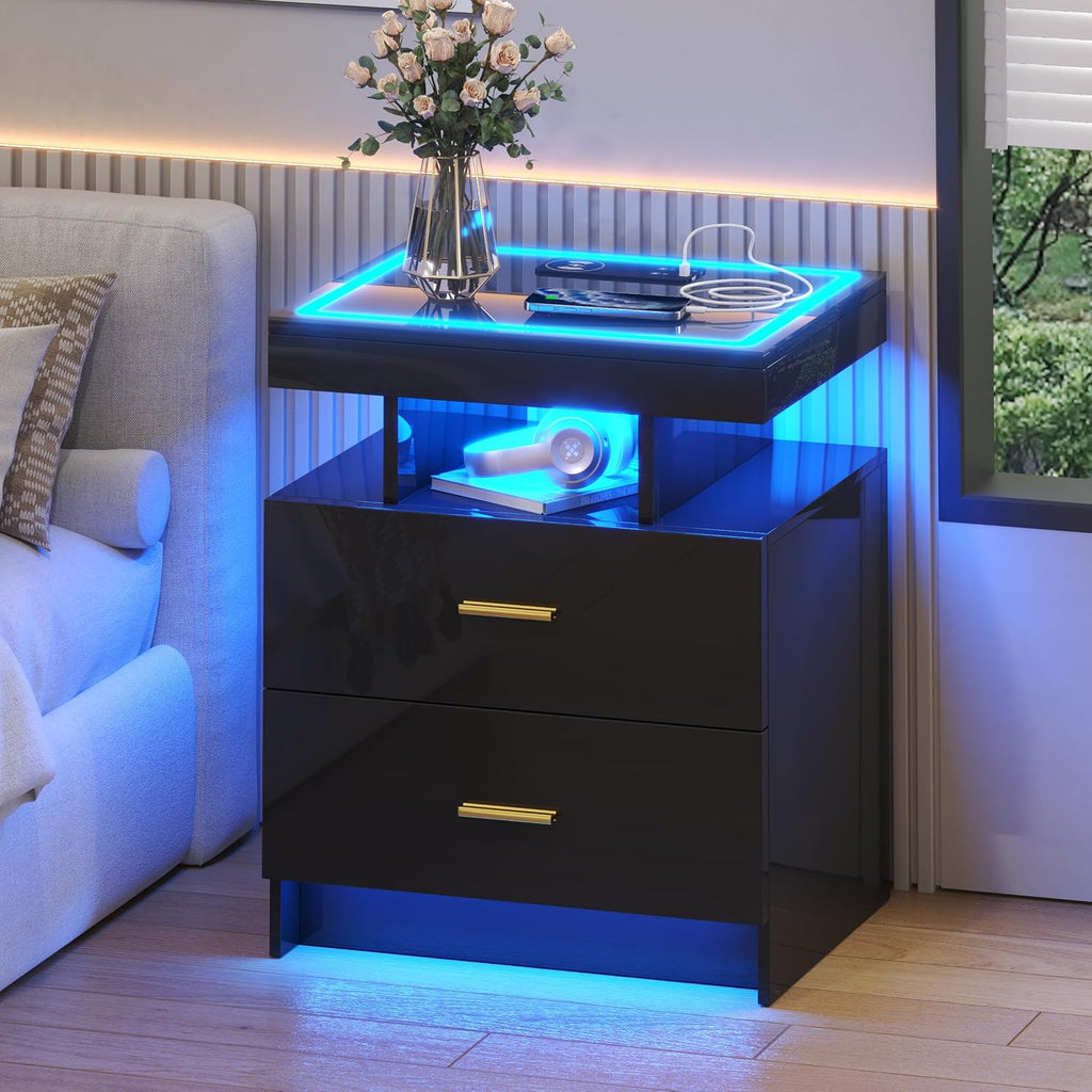 LED Nightstand with Wireless Charging Station,Black Night Stand with 2 Drawers,Glass Top Smart Bedside Table,Modern End Table Side for Bedroom,Living Room,Office