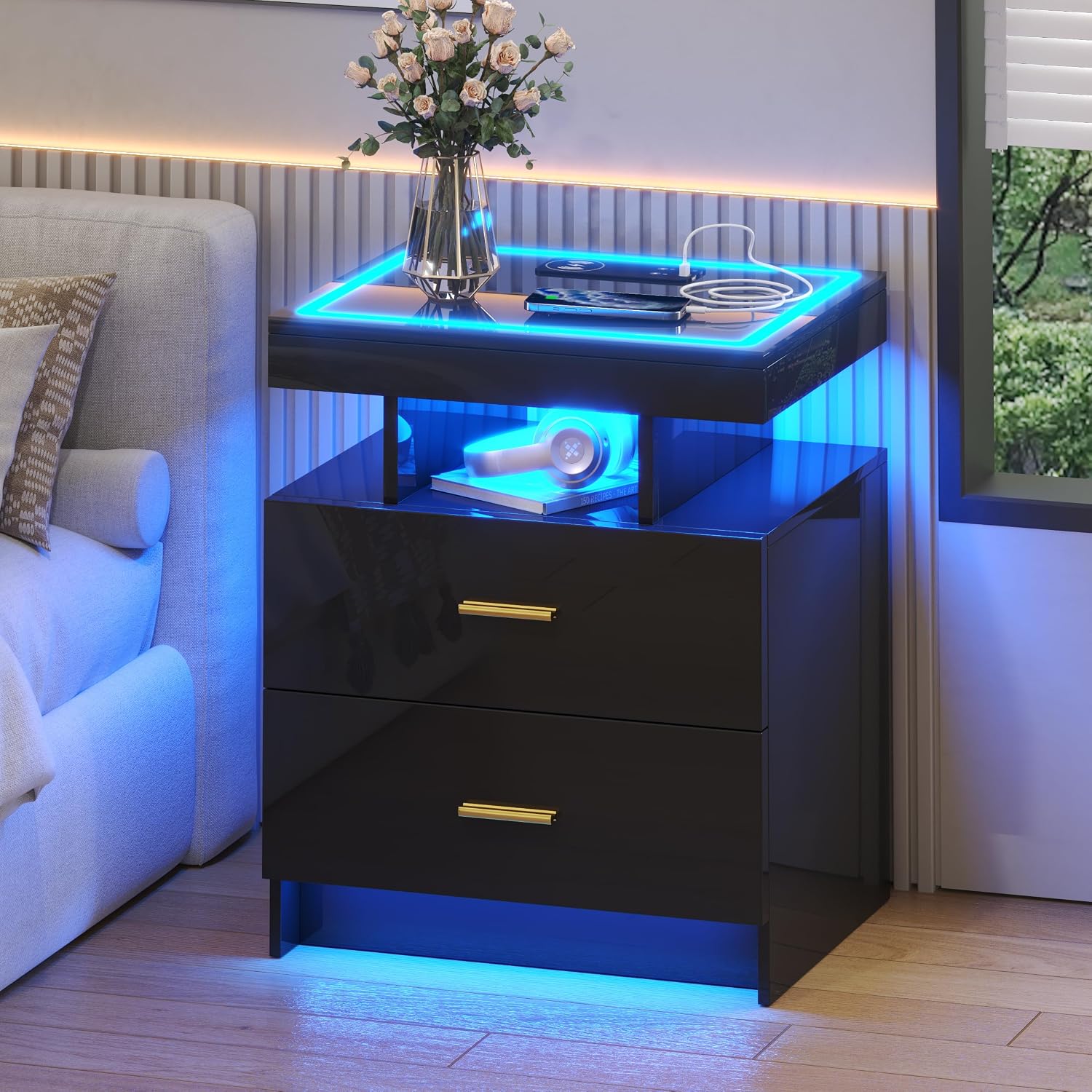 LED Nightstand with Wireless Charging Station,Black Night Stand with 2 Drawers,Glass Top Smart Bedside Table,Modern End Table Side for Bedroom,Living Room,Office