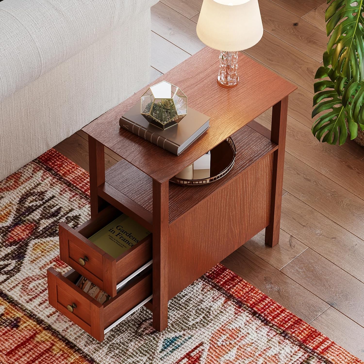 ChooChoo End Tables Living Room Set of 2, 3-Tier Narrow Nightstand with with 2 Drawers, Slim Bedside Tables for Living Room, Bedroom, Small Space, Cherry Brown