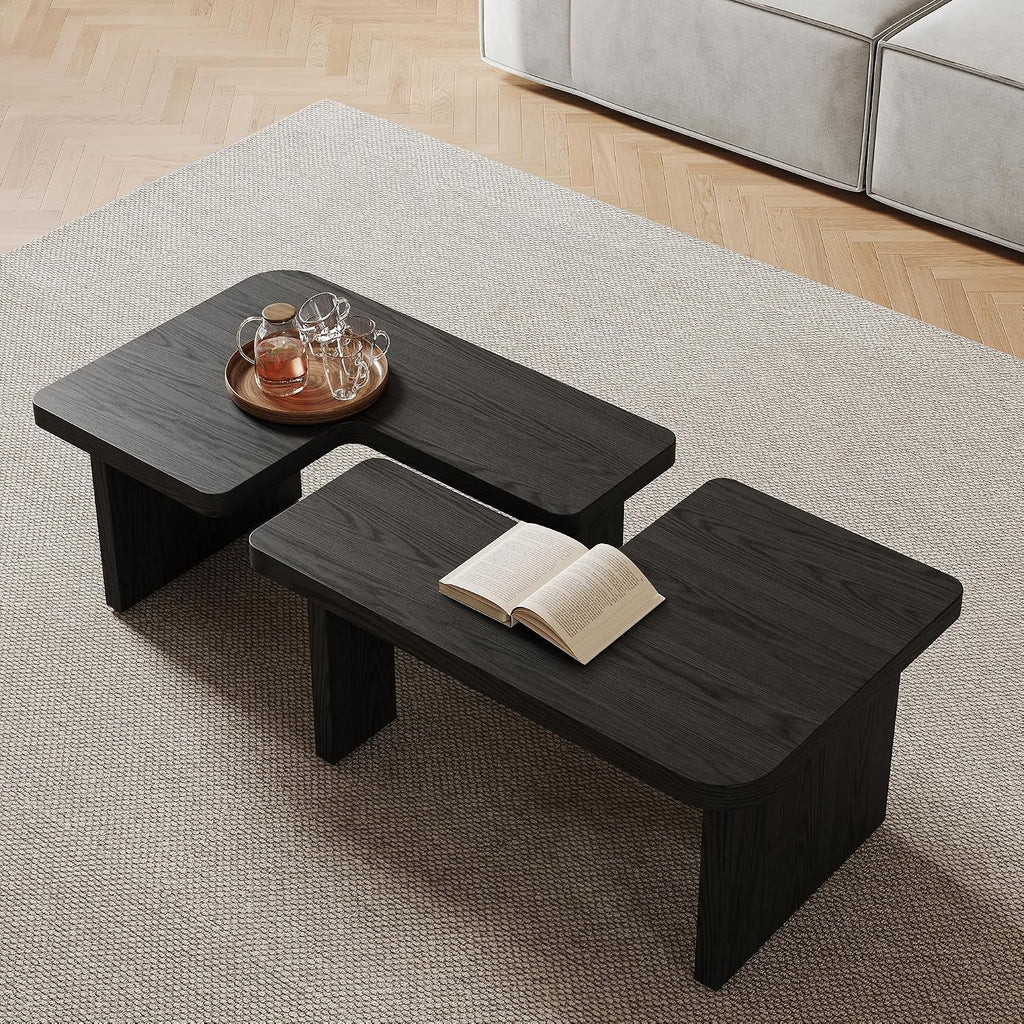 Black Wood Coffee Table, Free Adjustable Modern Living Room Table as Square, Rectangle, Irregular Tea Table, Couch Side Tabl e for Home Office