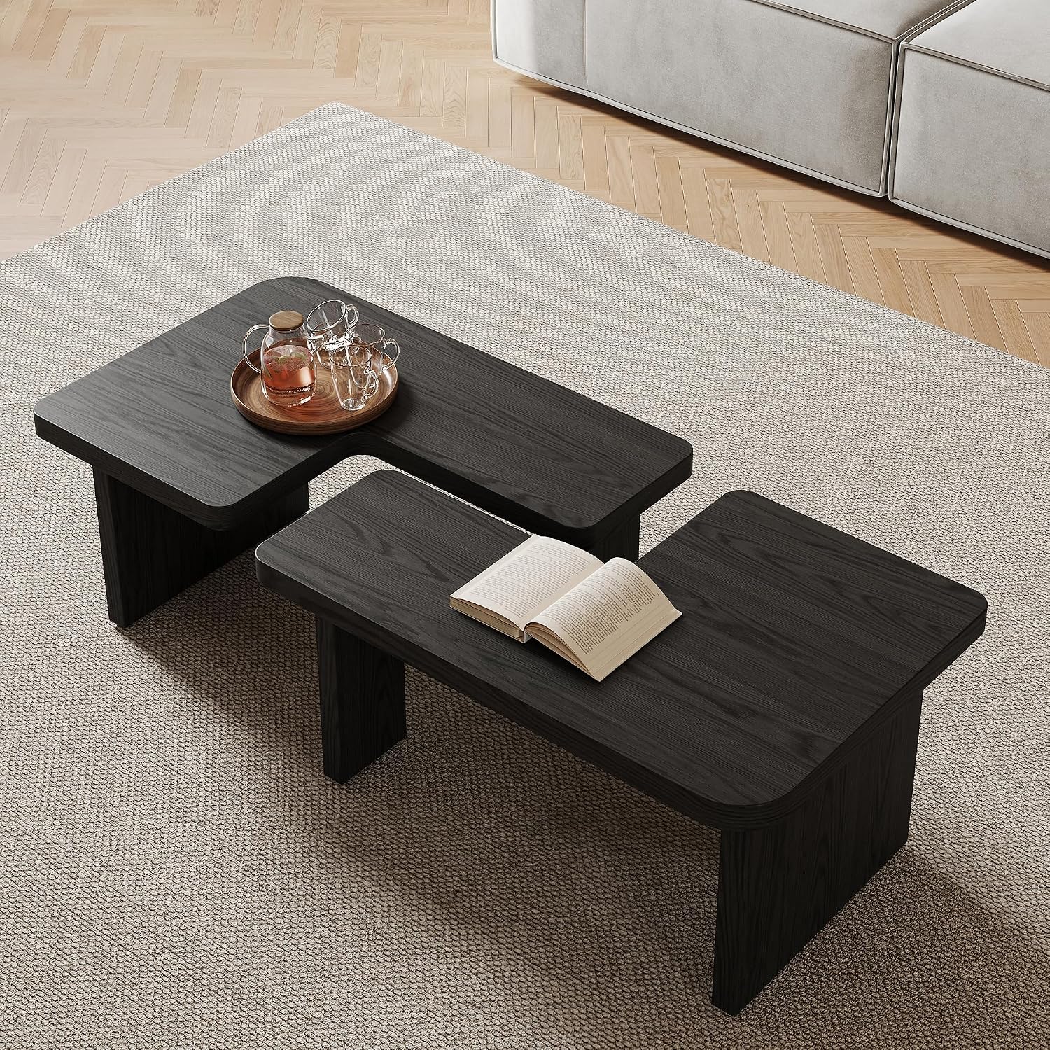 Black Wood Coffee Table, Free Adjustable Modern Living Room Table as Square, Rectangle, Irregular Tea Table, Couch Side Tabl e for Home Office