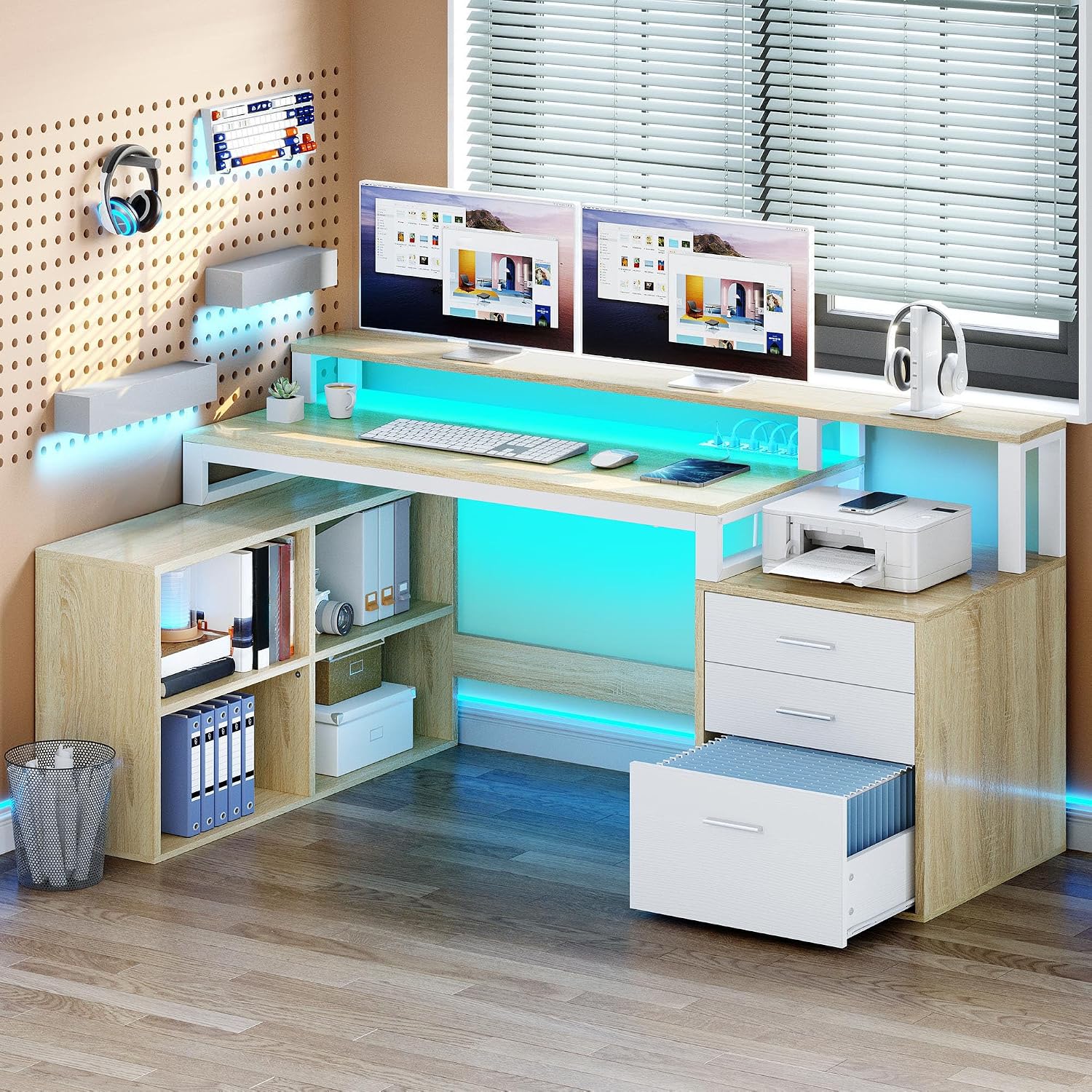 YITAHOME L Shaped Desk with 3 Drawers, 65' Corner Computer Desk with Power Outlets & LED Lights, L-Shaped Desk with File Cabinet & Printer Stand for Home Office, White & Oak