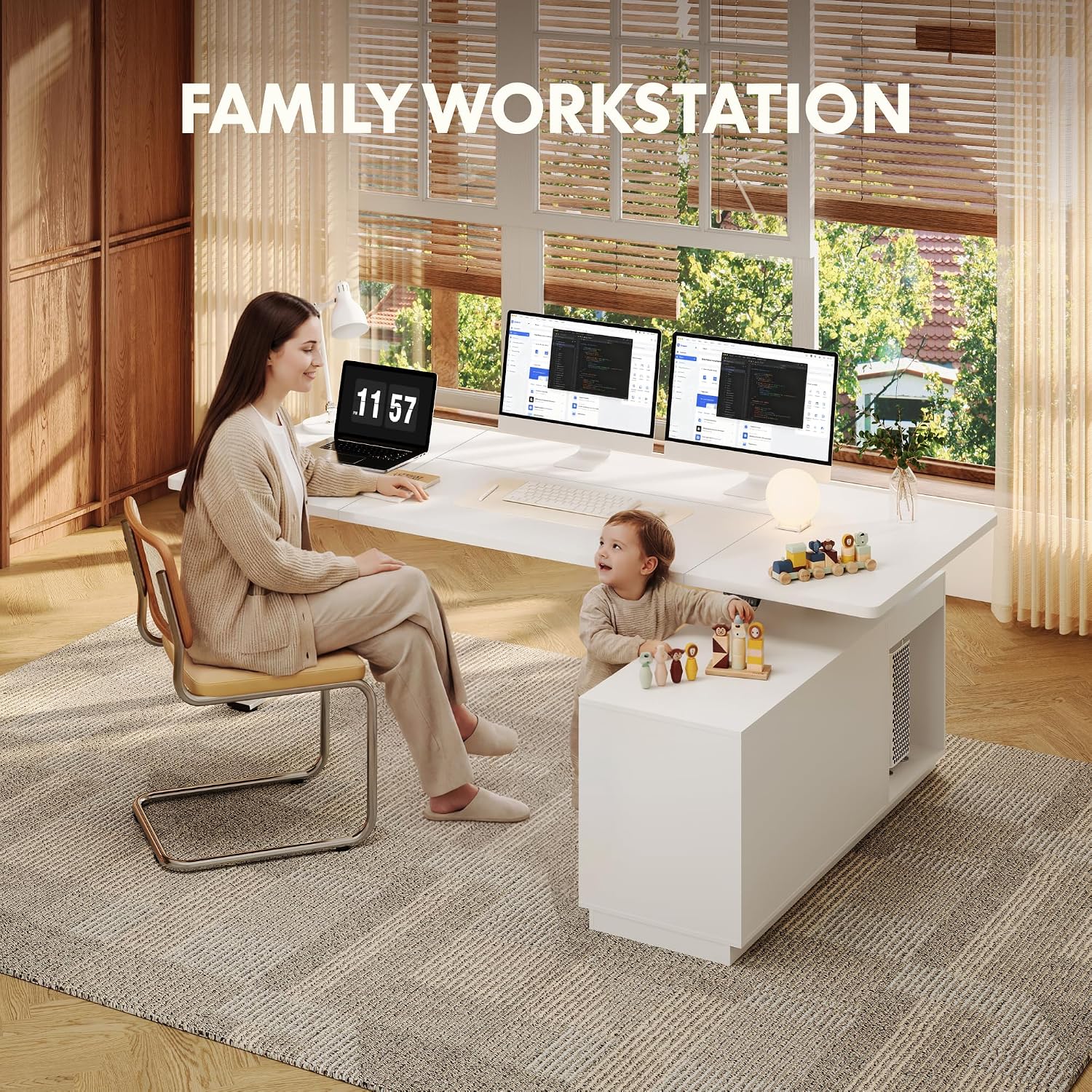 FLEXISPOT L Shaped Standing Desk with Drawers, Large Electric Height Adjustable Executive Desk, Sit Stand Desk for Home Office and Workstation, PC Cabinet (71'x32' White)