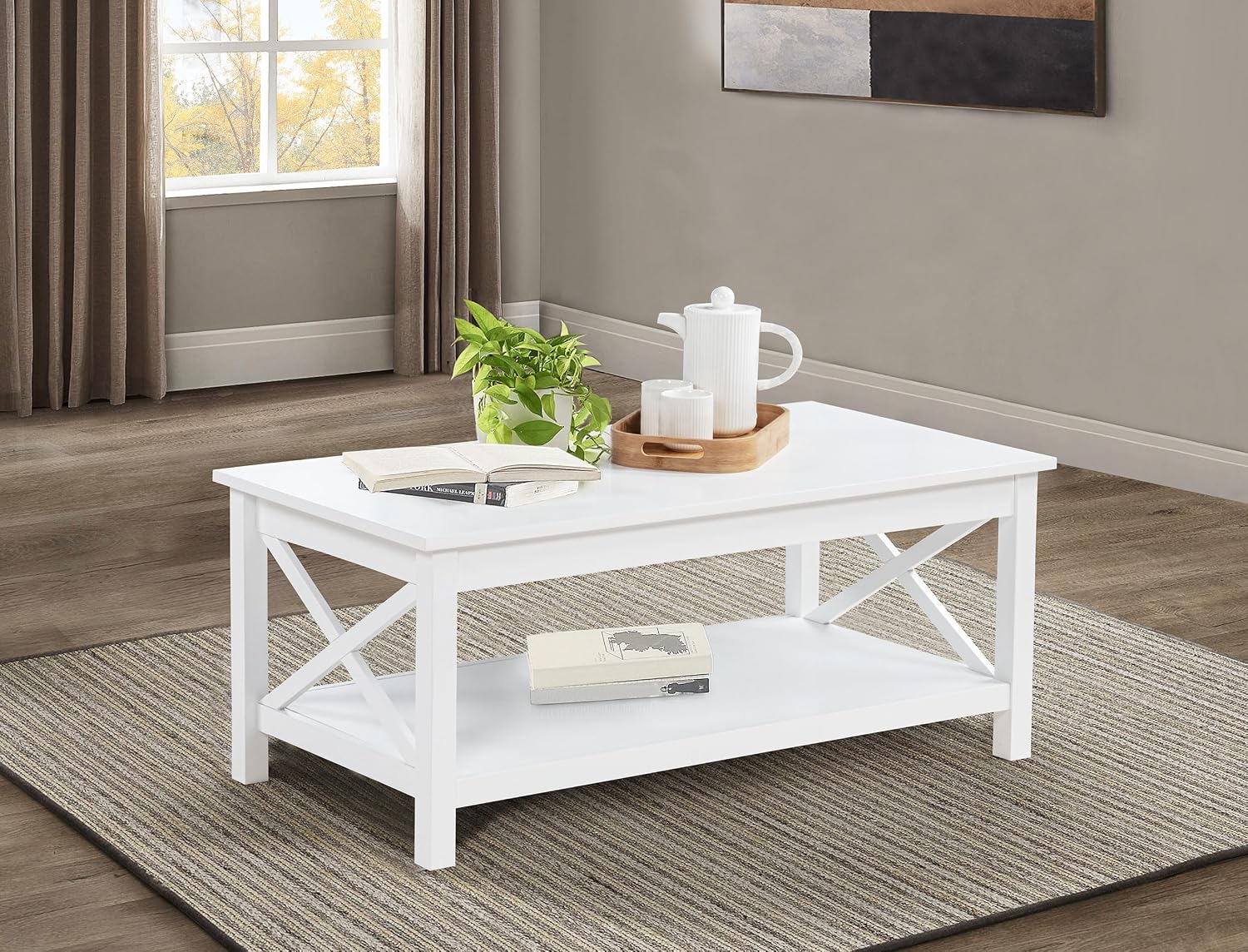 Coaster Home Furnishings - Skyview - Wood - Rectangular Coffee Table with Lift-Top Design, Hidden Storage, Cross-Frame Base and Lower Shelf - Living Room - White - 722088