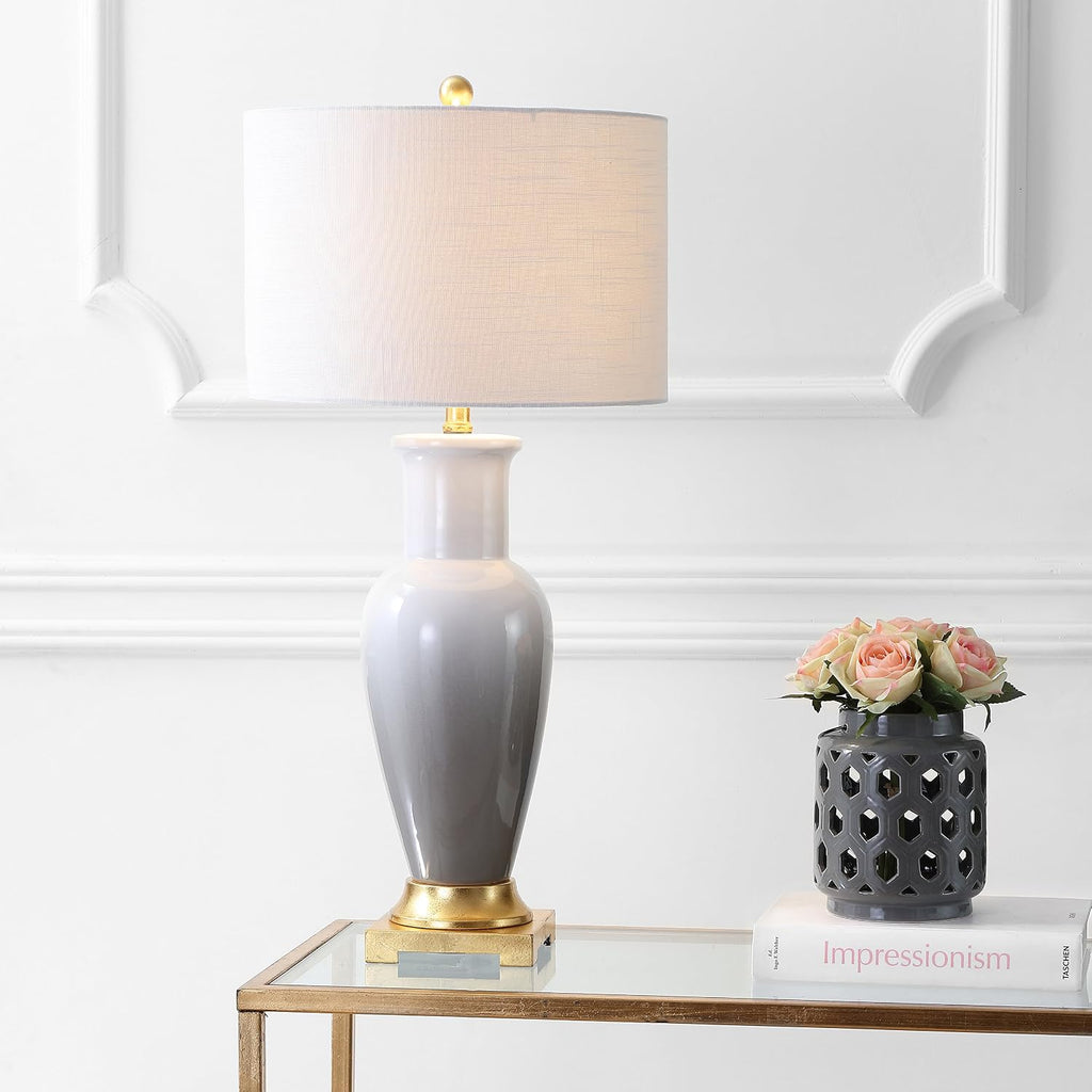 JONATHAN Y 31.5' White/Gray Dip Dye Ceramic Table Lamp for Living Room, Large Bedside Lamp for Bedroom with White Linen Drum Shade, Traditional End Table Light, LED Bulb (JYL3017B)