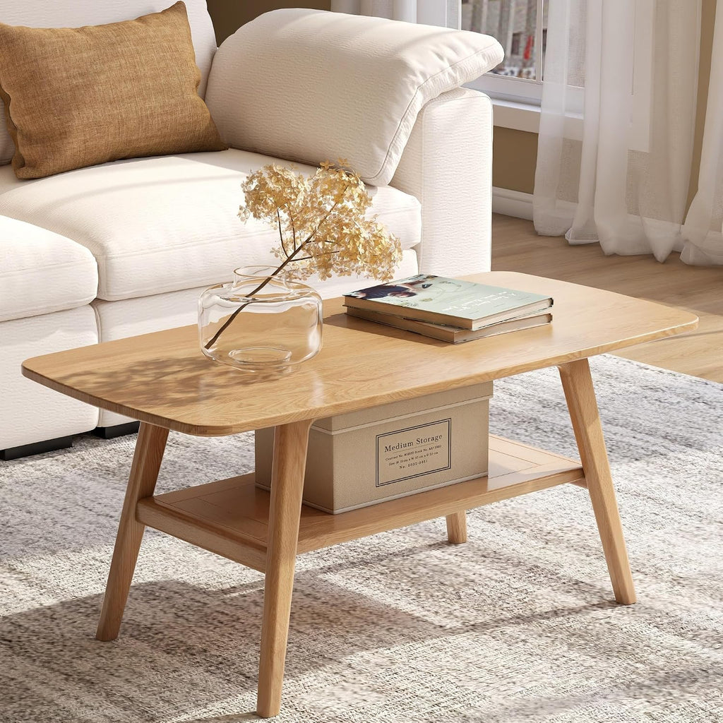 100% Solid Oak Wood Coffee Table for Living Room, 2-Tier Small Coffee Tables with Shelf Storage, Mid Century Modern Table with Rounded Corners (Natural, 39.37' x 19.68' x 17.32')