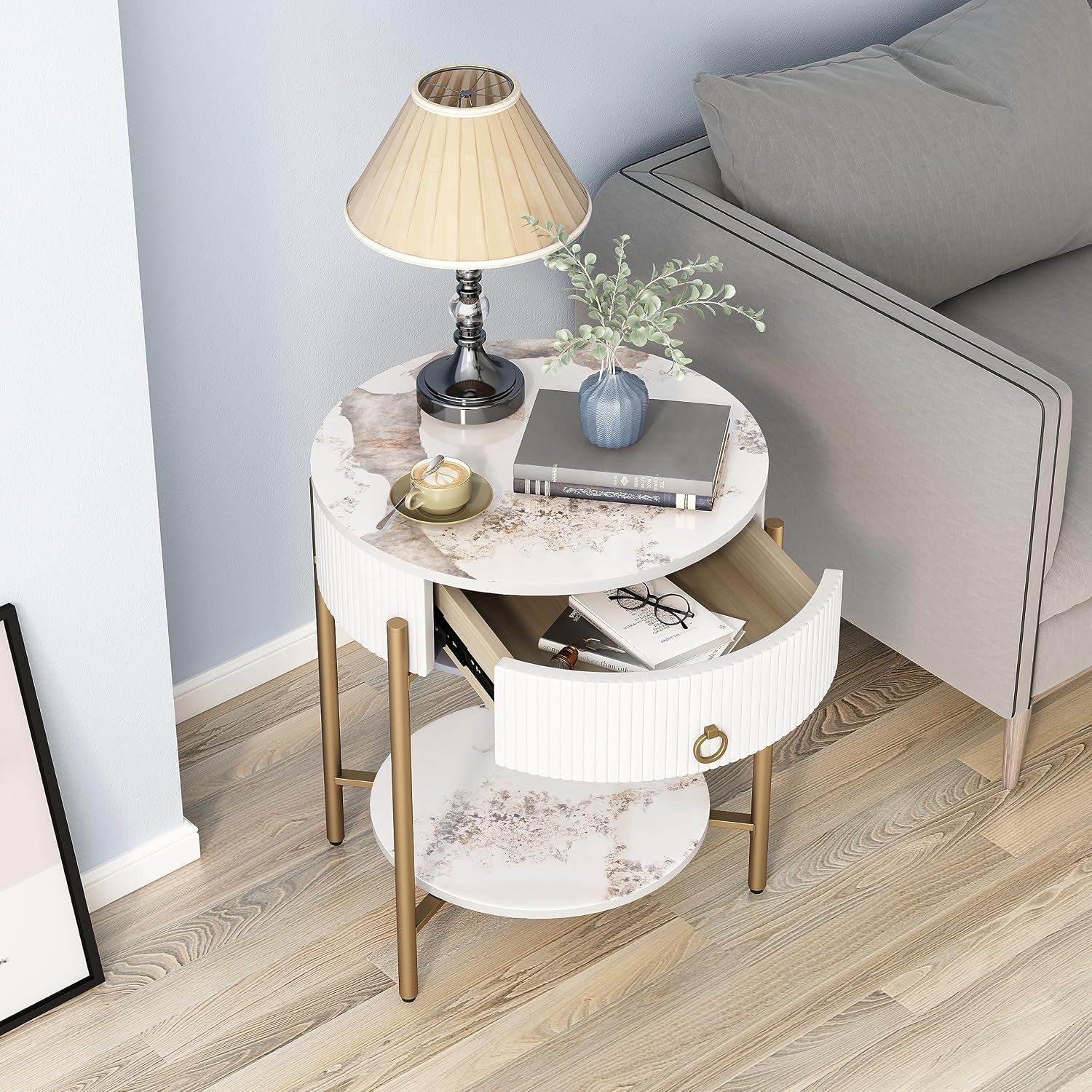 OIOG Modern End Table with Storage Drawer, Round 2-Tier Nightstand with Shelf, Gold Side Table with Metal Legs for Living Room, Bedroom, Office, Marbling Natural Stone/Gold