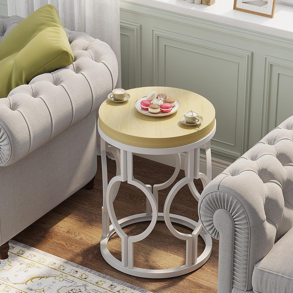 Tribesigns Round End Table Set of 2, Farmhouse Side Table with White Metal Hollow Frame, Small Bedside Table Nightstand for Living Room, Bedroom, Easy Assembly (Natural Beige,2 PCS)
