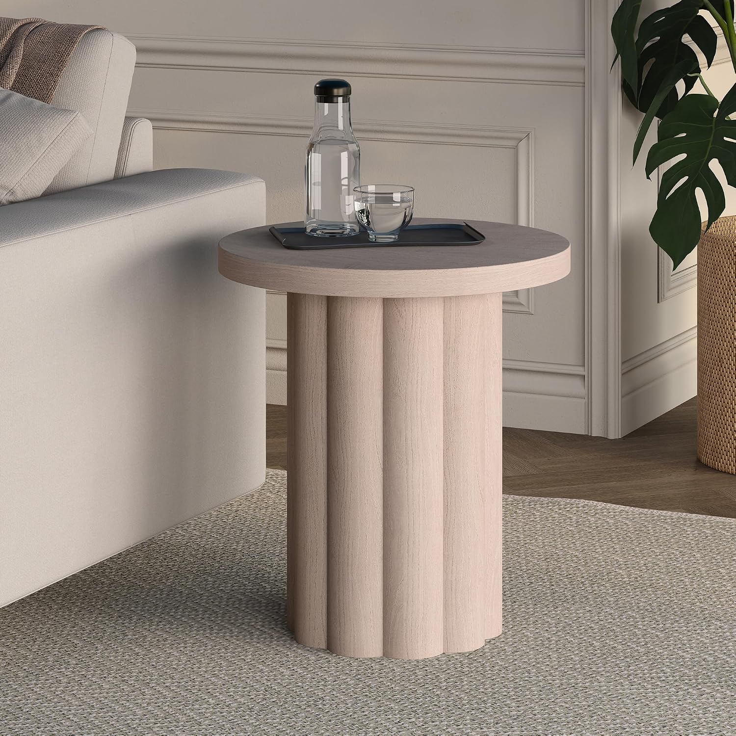 Henn&Hart 20'' Fluted Round End Table, Modern Side Table Ribbed Night Stand for Living Room, Office, Family Room, or Bedroom, Alder White