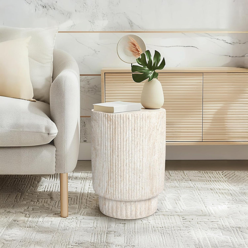 Empire Art Direct Column Travertine Stone Finish Italian Design MgO Side Accent Table, Living Room, Bedroom & Office, 13.3'x13.3'x18.7'
