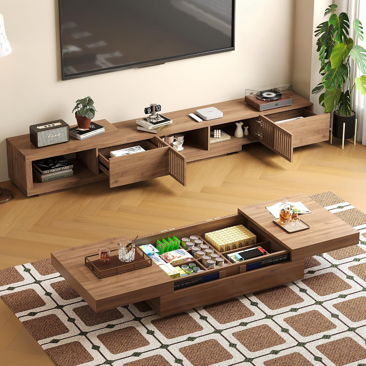 Mid-Century Modern Expandable Coffee Table & TV Stand Set, Walnut Finish – Elegant Storage Combo for Living Room, Bedroom, or Lounge (78.54' to 103' TV Stand+Coffee Table)