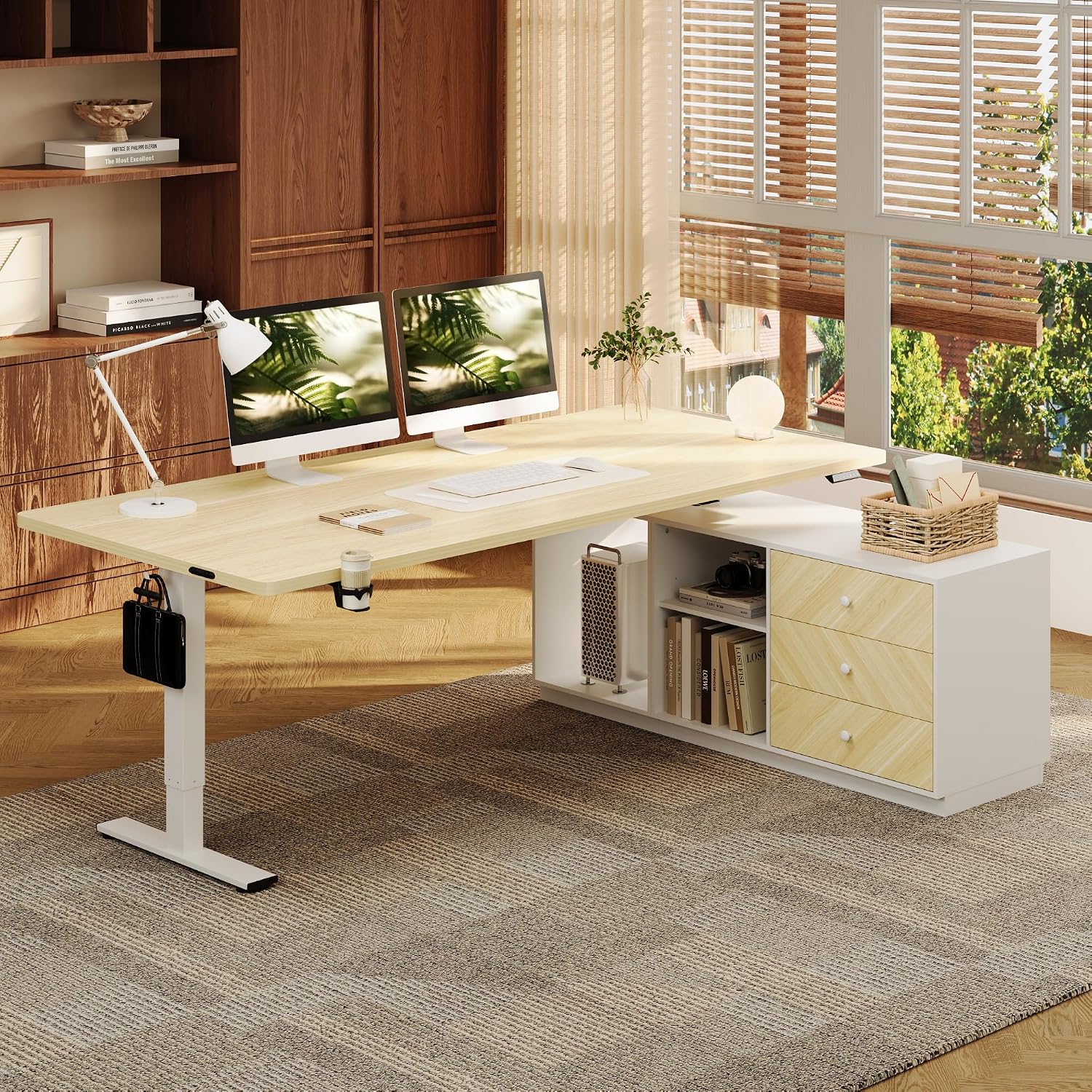 FLEXISPOT L Shaped Standing Desk with Drawers, Large Electric Height Adjustable Executive Desk, Sit Stand Desk for Home Office and Workstation, PC Cabinet (63'x32' White Wood Grain)