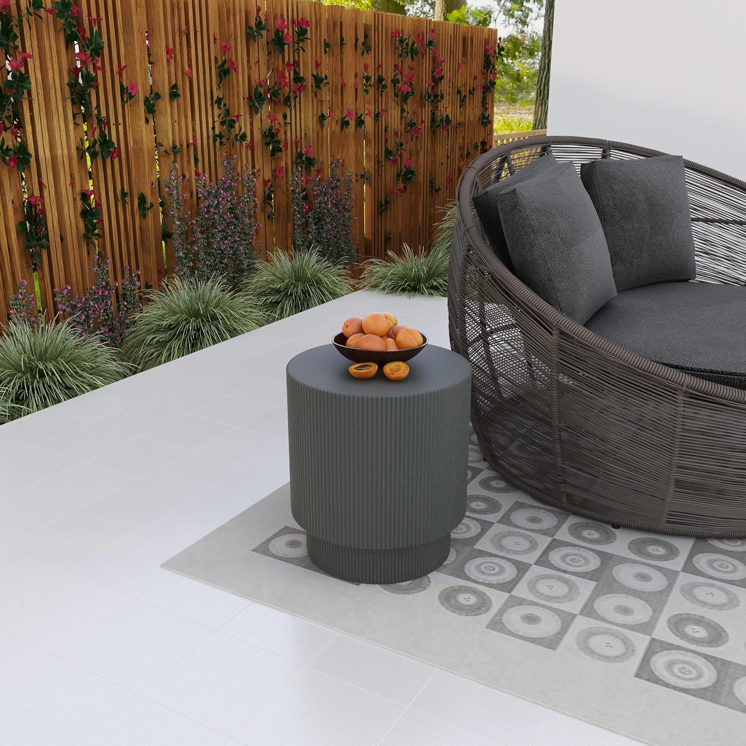 LeisureMod Modern Side Table Round Fiberstone Top Accent End Table for Home, Outdoor Patio, Living Room Sofa, Weather-Resistant, Eden Series in Grey