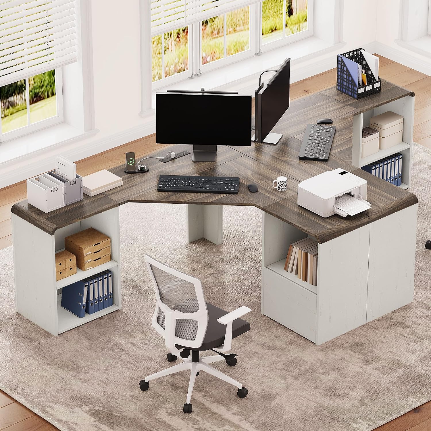 60' L Shaped Desk with File Drawer Modern Corner Computer Desk with Storage L Shape Home Office Desk Executive Desk with Power Outlets Storage Shelves File Cabinet for Working Writing White
