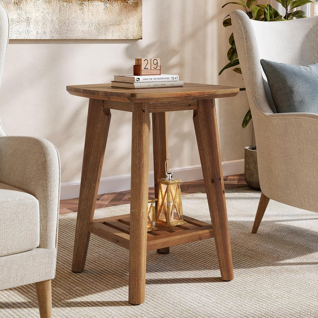 Square Side Table with 2-Tier Storage Shelf & Solid Wood Material, 19.68' Wood End Table for Living Room, Sofa Side, Small Spaces – Easy Assembly, Space-Saving Design (2PCS)