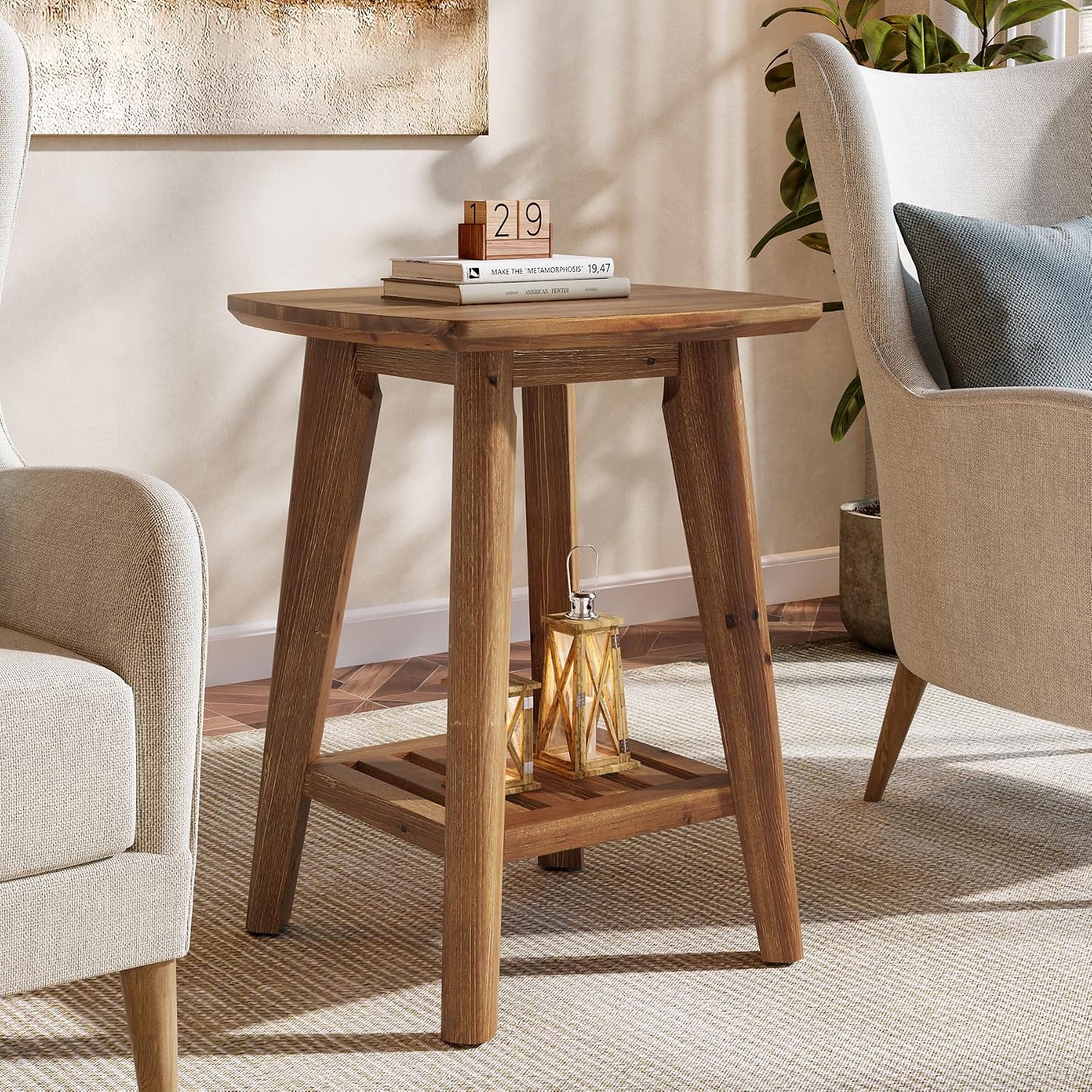 Square Side Table with 2-Tier Storage Shelf & Solid Wood Material, 19.68' Wood End Table for Living Room, Sofa Side, Small Spaces – Easy Assembly, Space-Saving Design (2PCS)