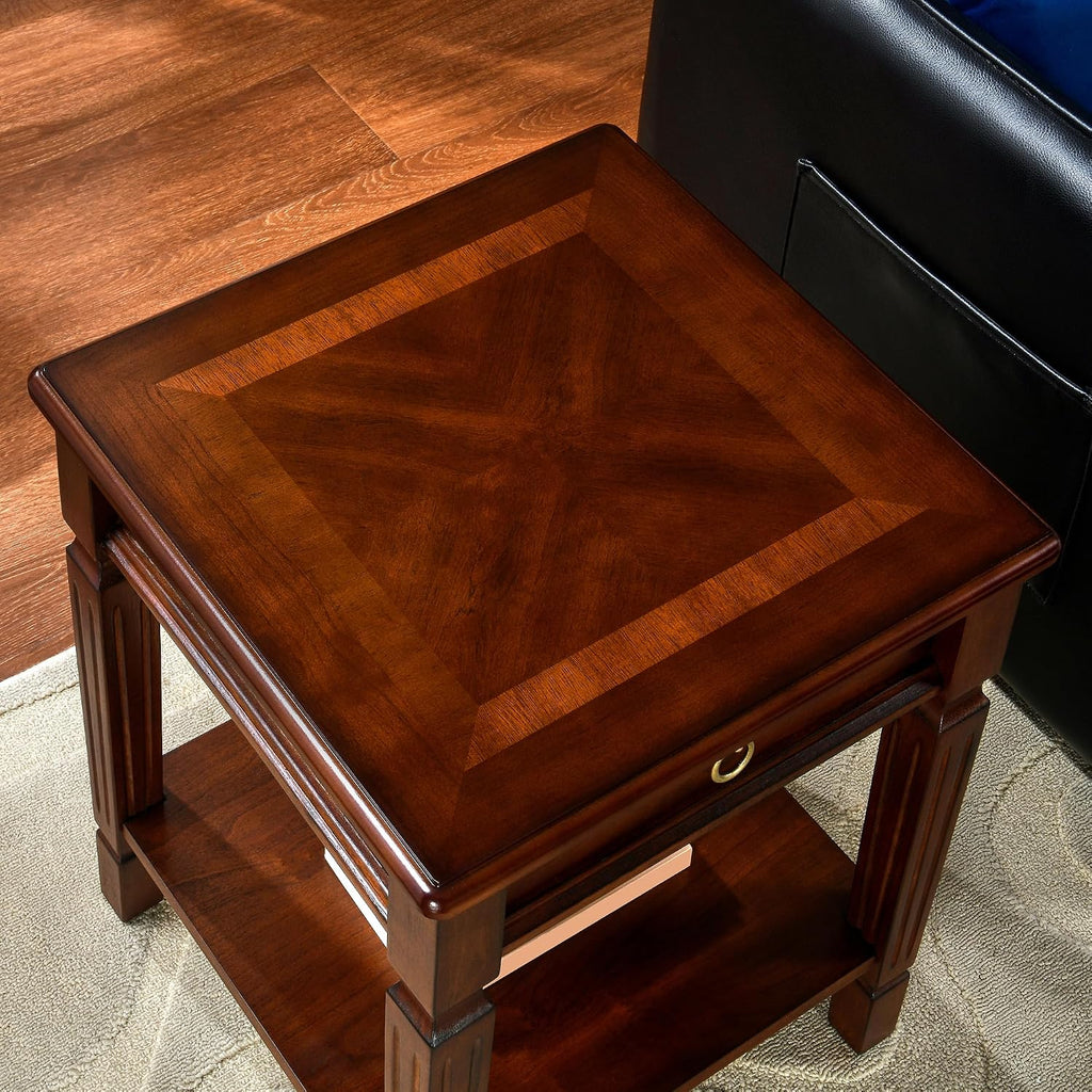 End Side Table Set of 2 with Storage Drawer and Shelf, Farmhouse Sofa Beside Table with Carved Wood Legs, 21.9'H Nightstand for Living Room, Square Corner Tables, Easy Assembly, Dark Cherry BZ-D1258
