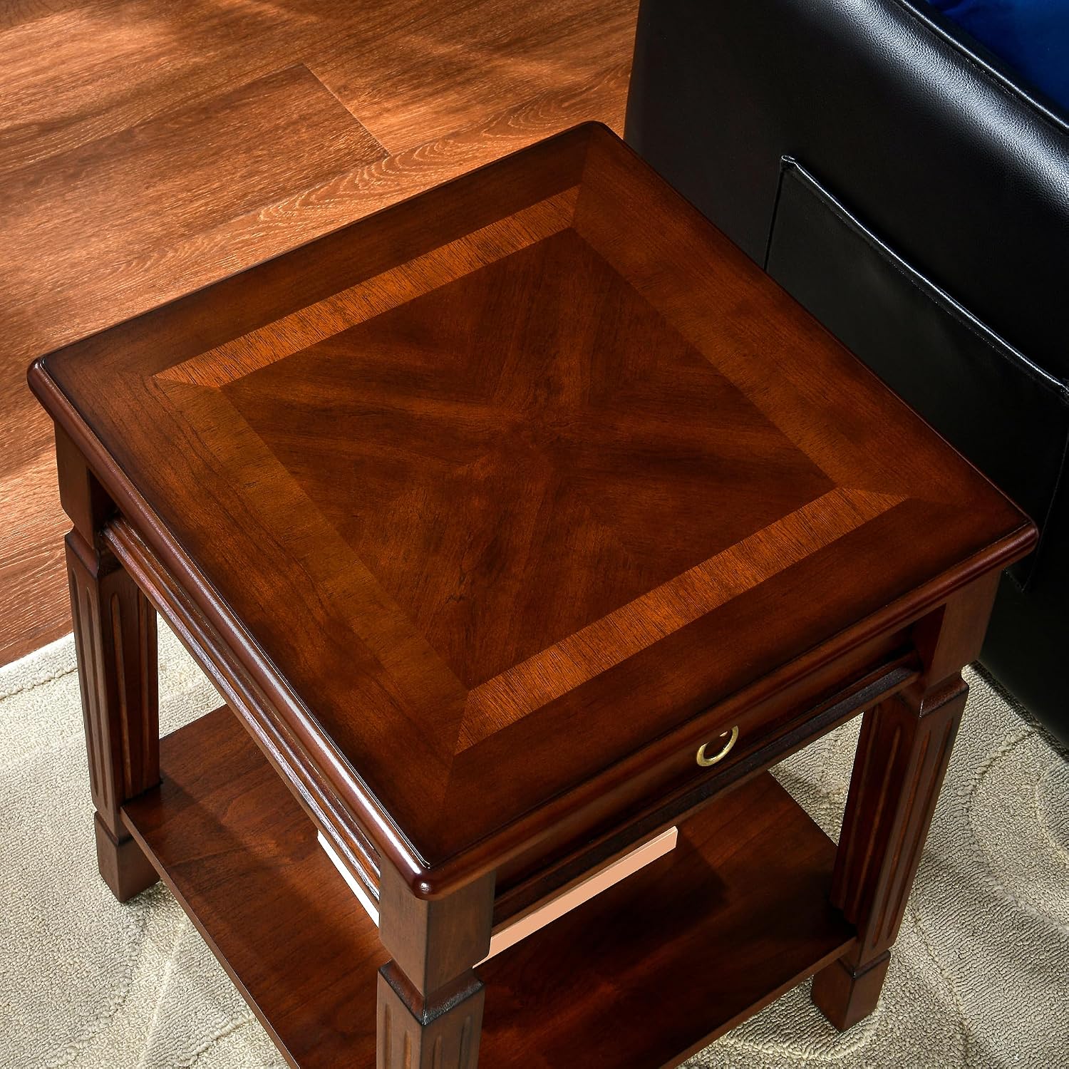 End Side Table Set of 2 with Storage Drawer and Shelf, Farmhouse Sofa Beside Table with Carved Wood Legs, 21.9'H Nightstand for Living Room, Square Corner Tables, Easy Assembly, Dark Cherry BZ-D1258