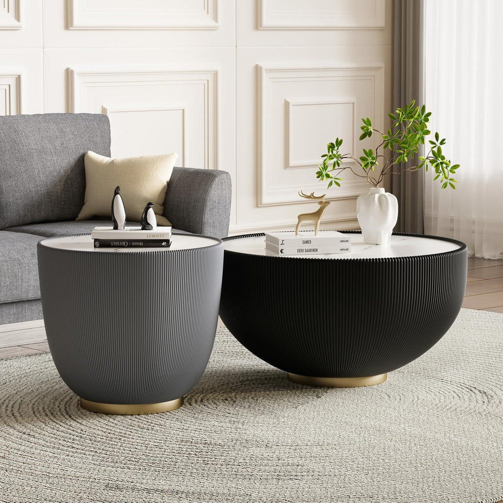 Modern Round Coffee Table Set of 2 Luxury Sintered Stone Top Coffee End Table in Black/Grey Leatherette Creative Bowl-Shape Small Coffee Side End Tables for Living Room,Fully Assembled
