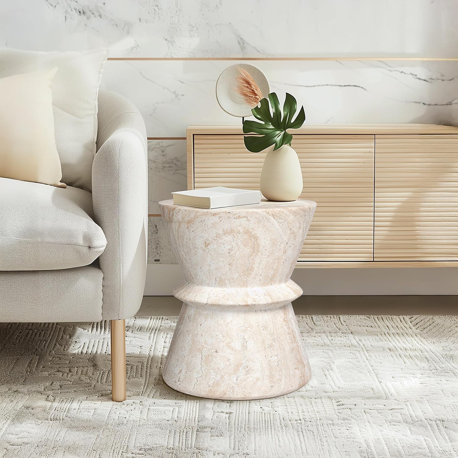 Empire Art Direct Hourglass Travertine Stone Finish Italian Design MgO Side Accent Table, Living Room, Bedroom & Office, 15.4'x15.4'x17.8'