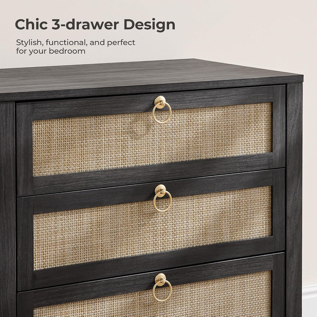 SICOTAS Night Stand with Drawers, Large Rattan Bedside Table with Golden Handle, 3 Drawers Nightstand Tall End Table Side Table Boho Nightstand for Bedroom